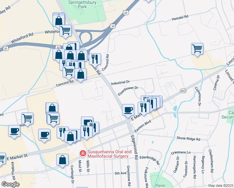map of restaurants, bars, coffee shops, grocery stores, and more near 73 Mount Zion Road in York