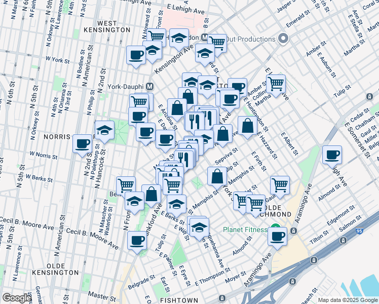 map of restaurants, bars, coffee shops, grocery stores, and more near 2135 East Dakota Street in Philadelphia