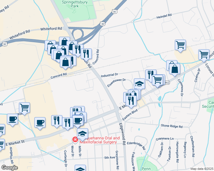 map of restaurants, bars, coffee shops, grocery stores, and more near 73 Mount Zion Road in York