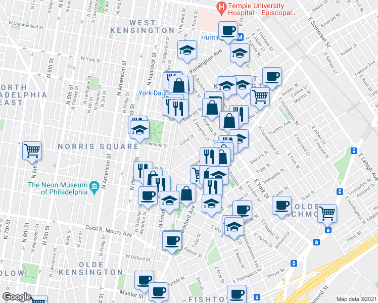 map of restaurants, bars, coffee shops, grocery stores, and more near 2027 Abigail Street in Philadelphia