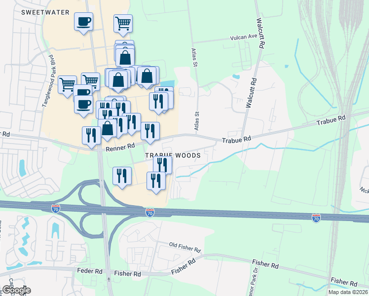 map of restaurants, bars, coffee shops, grocery stores, and more near 5340 Trabue Road in Columbus