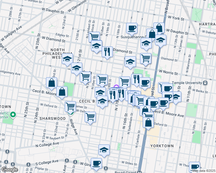map of restaurants, bars, coffee shops, grocery stores, and more near 1731 West Montgomery Avenue in Philadelphia