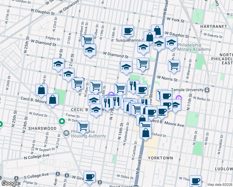 map of restaurants, bars, coffee shops, grocery stores, and more near 1821 North 17th Street in Philadelphia