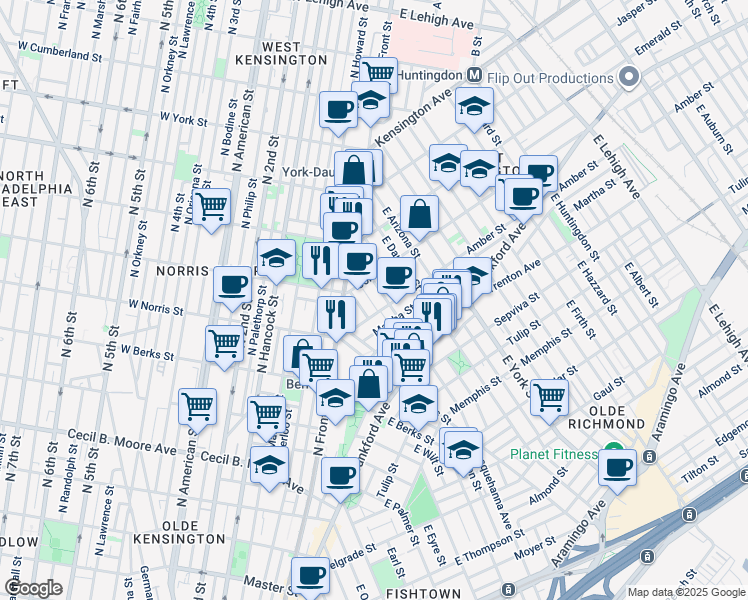 map of restaurants, bars, coffee shops, grocery stores, and more near 2027 Abigail Street in Philadelphia