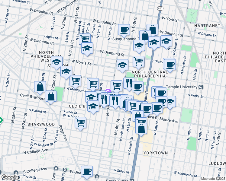 map of restaurants, bars, coffee shops, grocery stores, and more near 1821 North 17th Street in Philadelphia