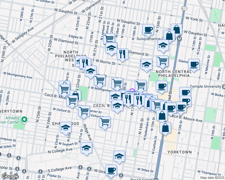map of restaurants, bars, coffee shops, grocery stores, and more near 1903 West Montgomery Avenue in Philadelphia