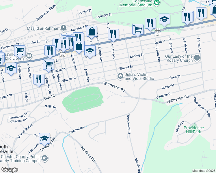 map of restaurants, bars, coffee shops, grocery stores, and more near 1002 West Chester Road in Coatesville