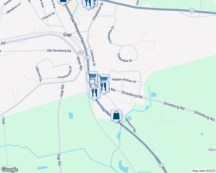 map of restaurants, bars, coffee shops, grocery stores, and more near 5407 Strasburg Road in Gap