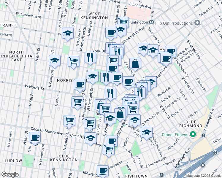 map of restaurants, bars, coffee shops, grocery stores, and more near 2029 Hope Street in Philadelphia