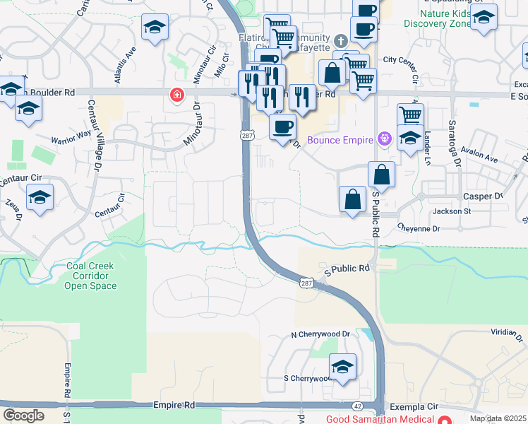 map of restaurants, bars, coffee shops, grocery stores, and more near 660 Old Laramie Trail East in Lafayette
