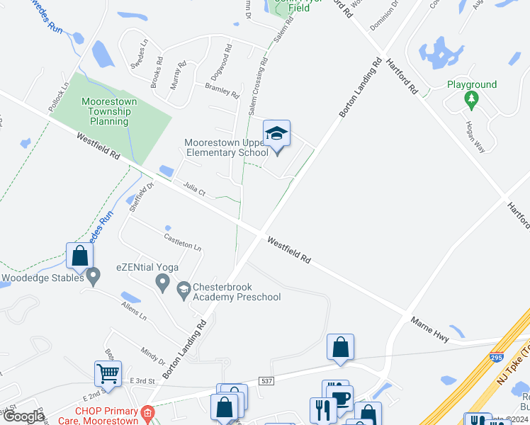 map of restaurants, bars, coffee shops, grocery stores, and more near 305 Borton Landing Road in Moorestown