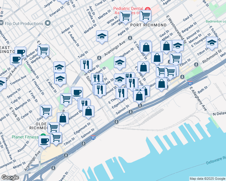 map of restaurants, bars, coffee shops, grocery stores, and more near 2848R East Thompson Street in Philadelphia