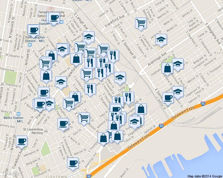 map of restaurants, bars, coffee shops, grocery stores, and more near 2364 East Harold Street in Philadelphia