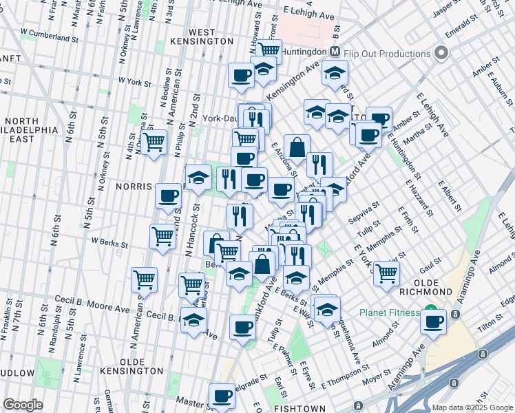 map of restaurants, bars, coffee shops, grocery stores, and more near 2032 Dreer Street in Philadelphia
