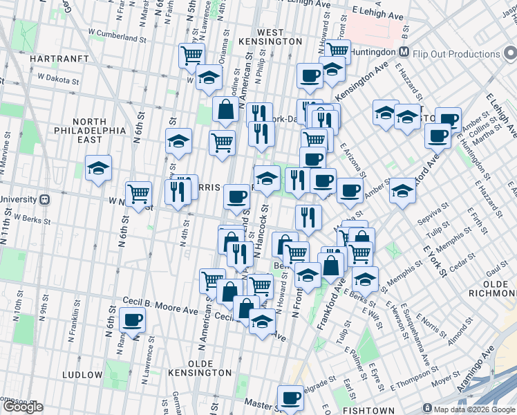 map of restaurants, bars, coffee shops, grocery stores, and more near 2013 Palethorp Street in Philadelphia