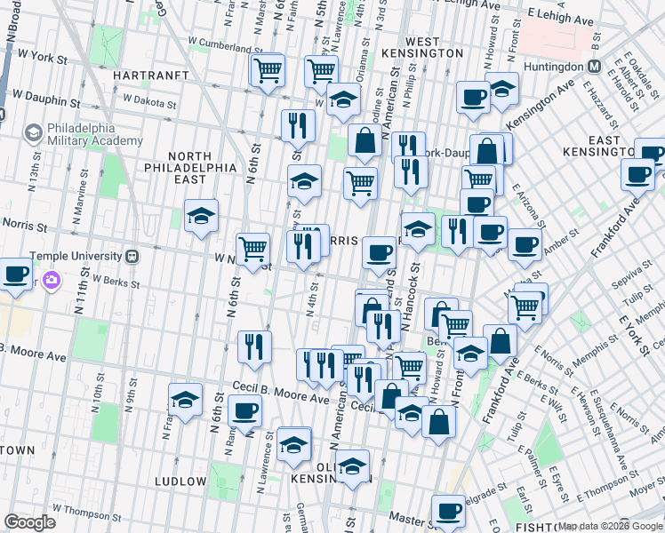 map of restaurants, bars, coffee shops, grocery stores, and more near 263-73 West Norris Street in Philadelphia