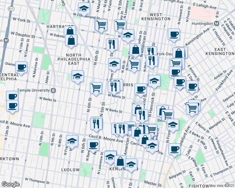 map of restaurants, bars, coffee shops, grocery stores, and more near 402 West Norris Street in Philadelphia