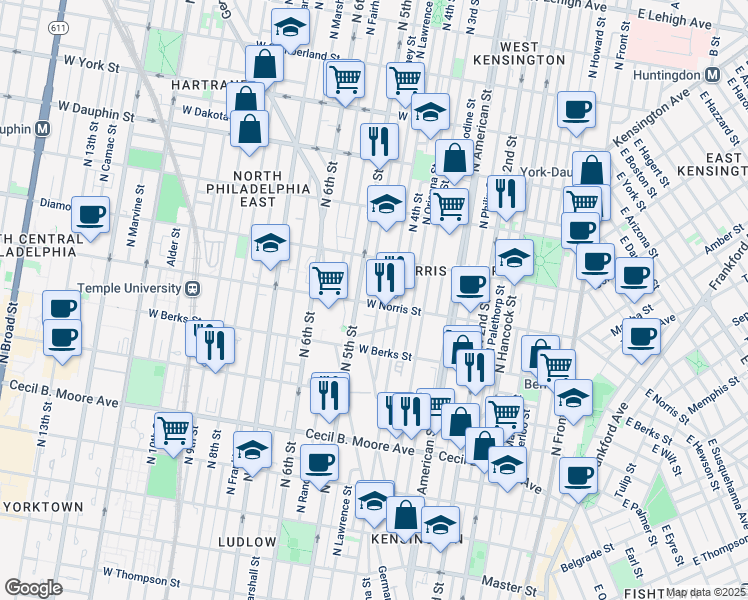 map of restaurants, bars, coffee shops, grocery stores, and more near 429 West Norris Street in Philadelphia