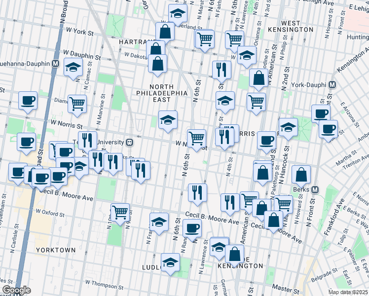 map of restaurants, bars, coffee shops, grocery stores, and more near 1930 North Marshall Street in Philadelphia