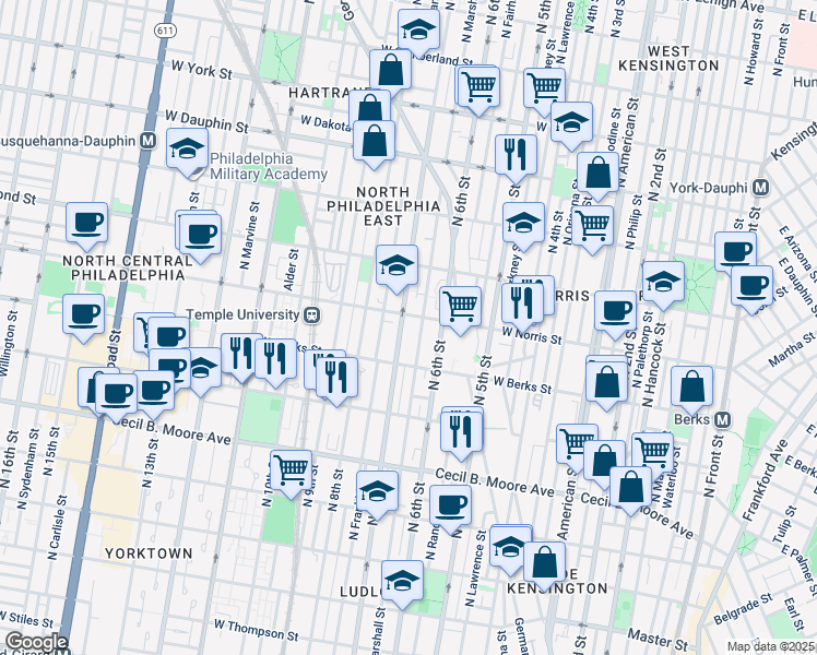 map of restaurants, bars, coffee shops, grocery stores, and more near 1930 North Marshall Street in Philadelphia