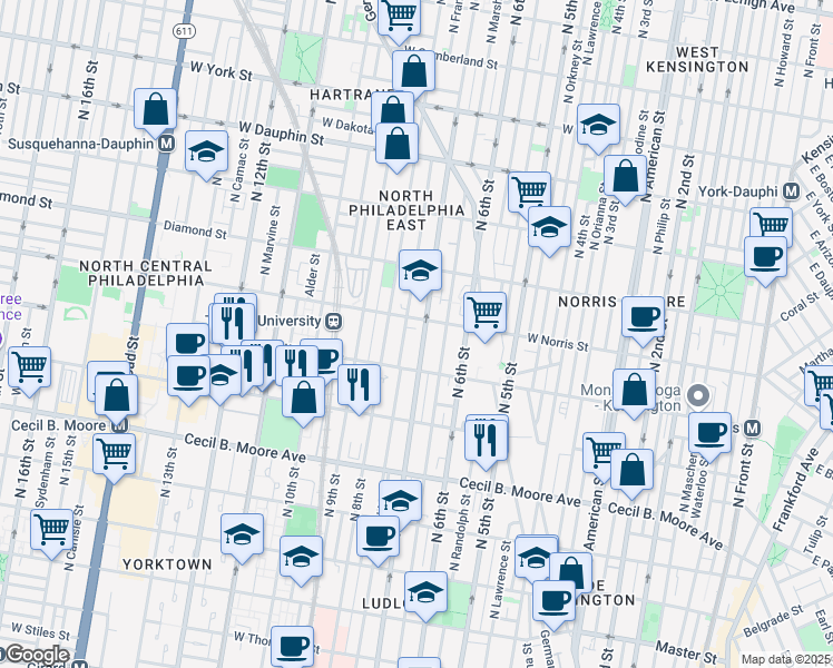 map of restaurants, bars, coffee shops, grocery stores, and more near 1913 North Franklin Street in Philadelphia