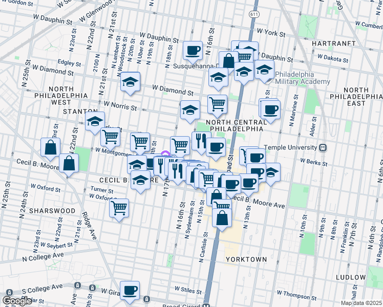map of restaurants, bars, coffee shops, grocery stores, and more near 1813 North 16th Street in Philadelphia