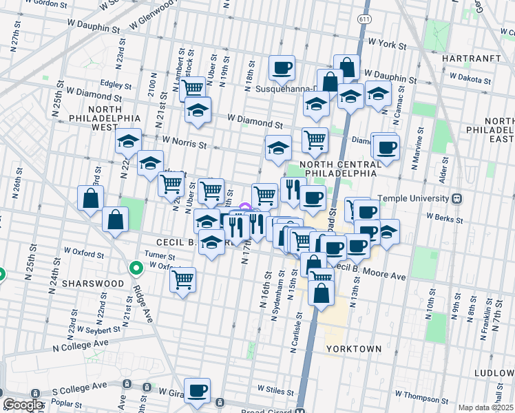 map of restaurants, bars, coffee shops, grocery stores, and more near 1725 West Montgomery Avenue in Philadelphia