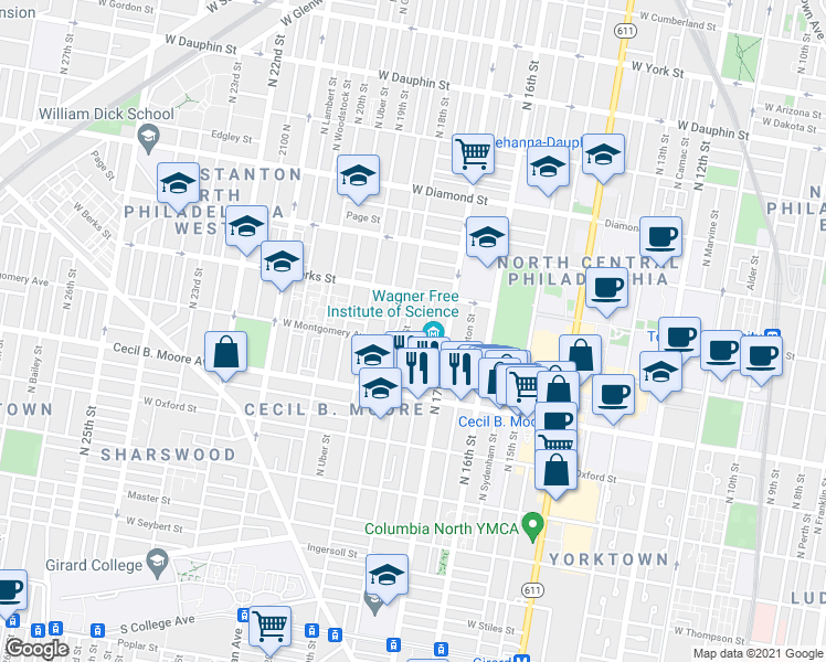 map of restaurants, bars, coffee shops, grocery stores, and more near 1731 West Montgomery Avenue in Philadelphia