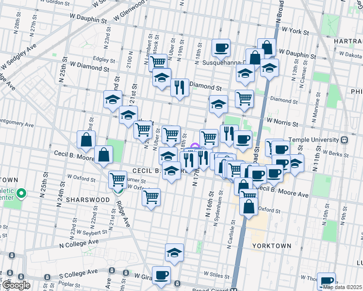 map of restaurants, bars, coffee shops, grocery stores, and more near 1731 West Montgomery Avenue in Philadelphia