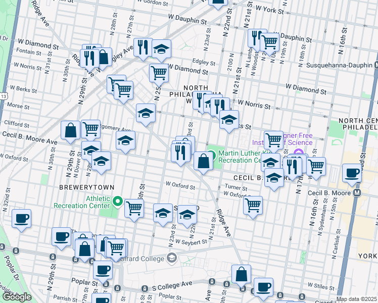map of restaurants, bars, coffee shops, grocery stores, and more near 2301 Ridge Avenue in Philadelphia