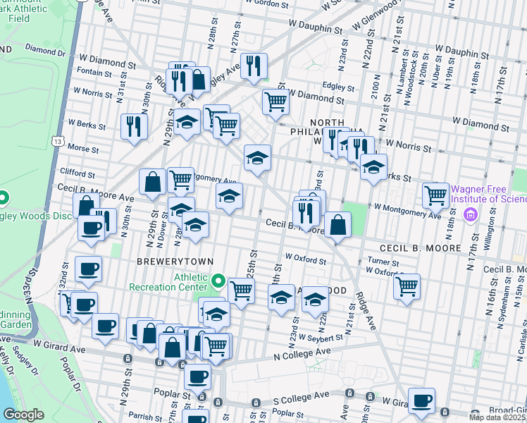 map of restaurants, bars, coffee shops, grocery stores, and more near 2447 Cecil B. Moore Avenue in Philadelphia