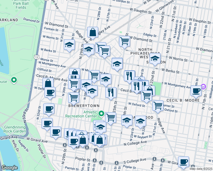 map of restaurants, bars, coffee shops, grocery stores, and more near 2519 Cecil B. Moore Avenue in Philadelphia
