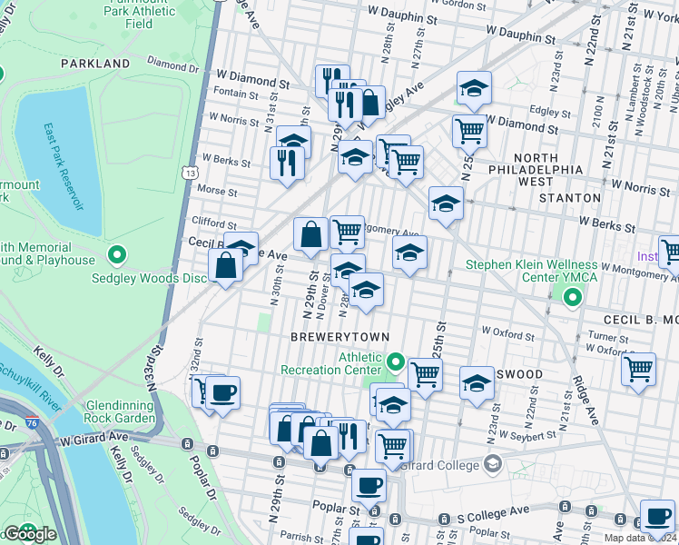 map of restaurants, bars, coffee shops, grocery stores, and more near in Philadelphia