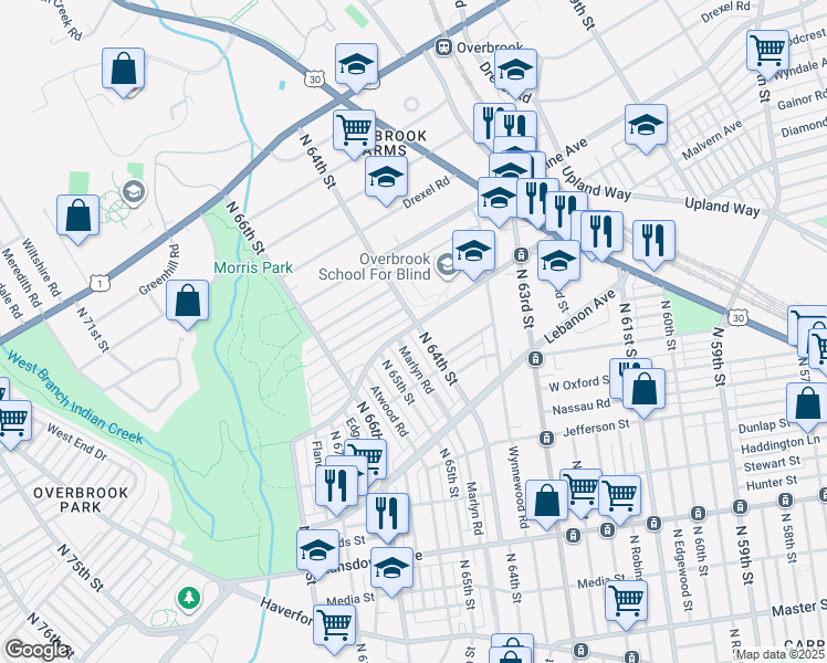 map of restaurants, bars, coffee shops, grocery stores, and more near 1230 North 64th Street in Philadelphia