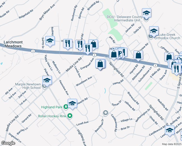 map of restaurants, bars, coffee shops, grocery stores, and more near 62 Woodlawn Avenue in Broomall