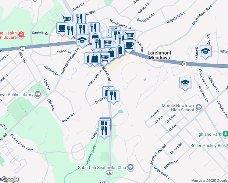 map of restaurants, bars, coffee shops, grocery stores, and more near in Newtown Square