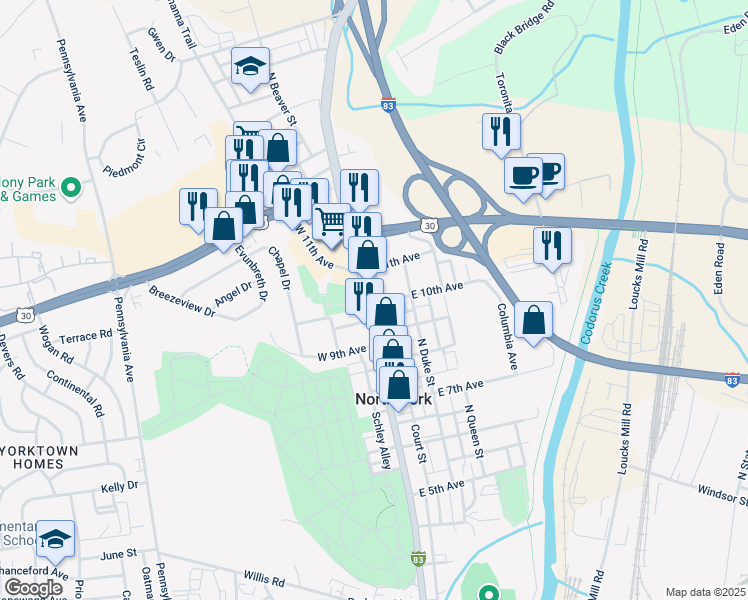 map of restaurants, bars, coffee shops, grocery stores, and more near 1321 North George Street in York