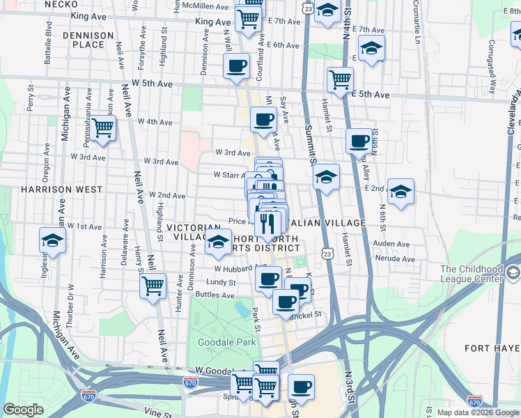 map of restaurants, bars, coffee shops, grocery stores, and more near 906 North High Street in Columbus