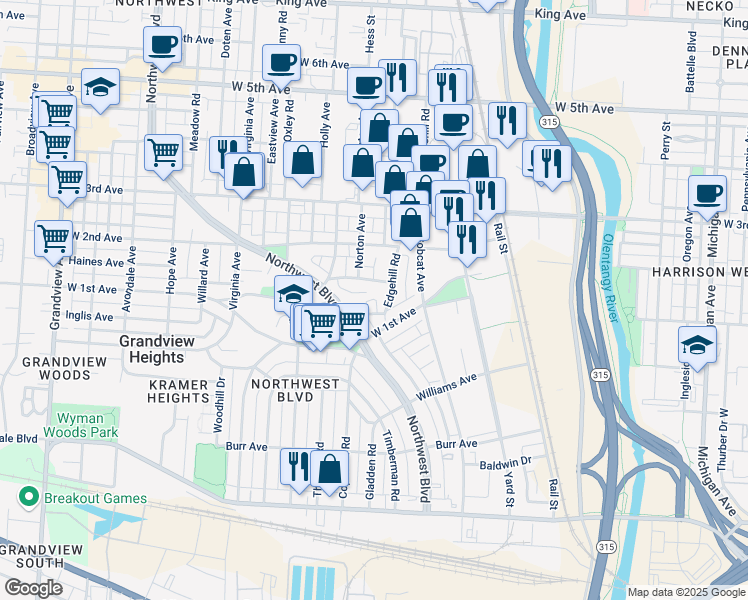 map of restaurants, bars, coffee shops, grocery stores, and more near 976 Hilo Lane in Columbus
