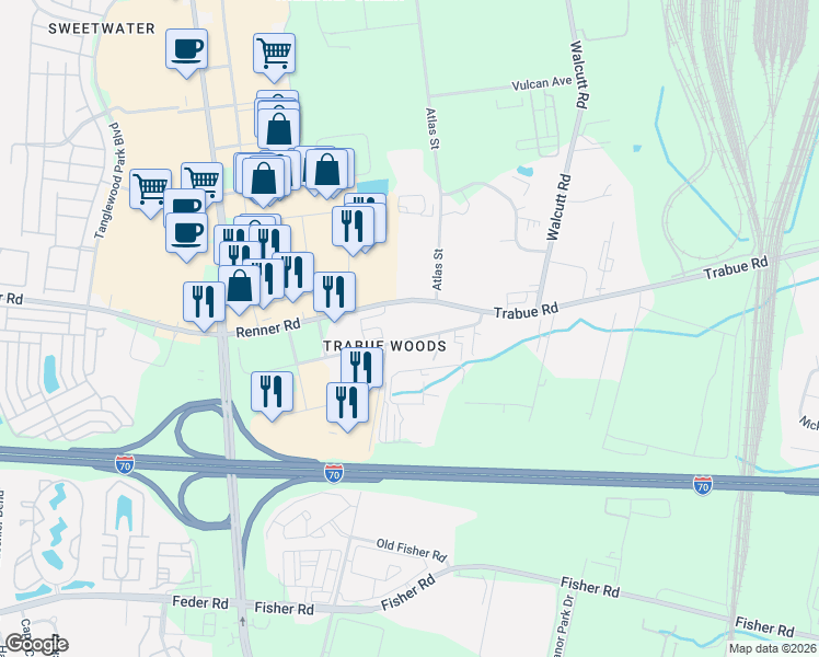 map of restaurants, bars, coffee shops, grocery stores, and more near 5340 Trabue Road in Columbus