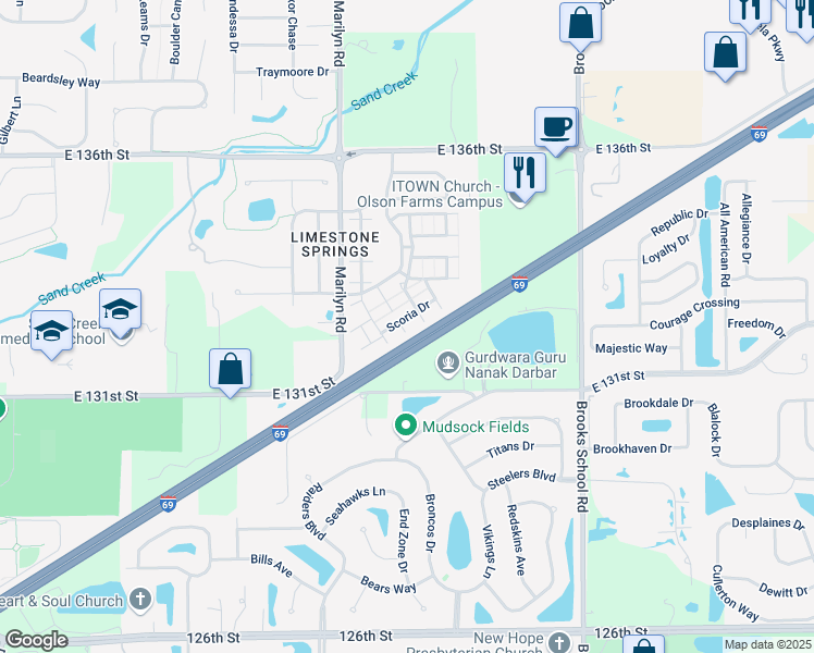 map of restaurants, bars, coffee shops, grocery stores, and more near 12075 Scoria Drive in Fishers