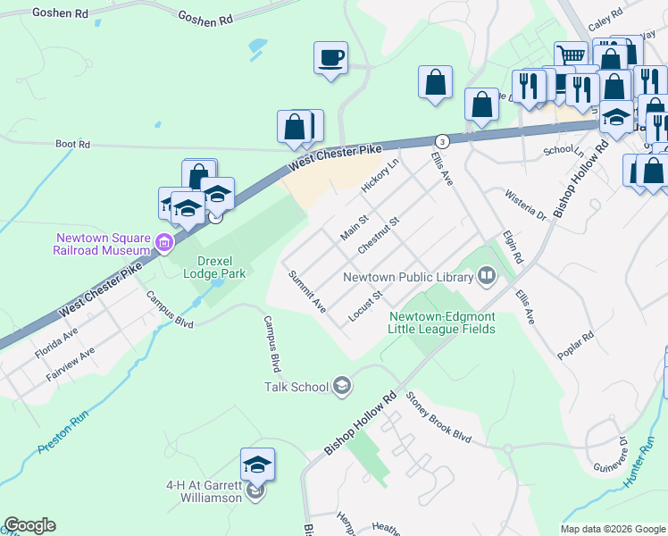 map of restaurants, bars, coffee shops, grocery stores, and more near 213 Chestnut Street in Newtown Square