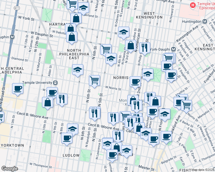 map of restaurants, bars, coffee shops, grocery stores, and more near 429 West Norris Street in Philadelphia