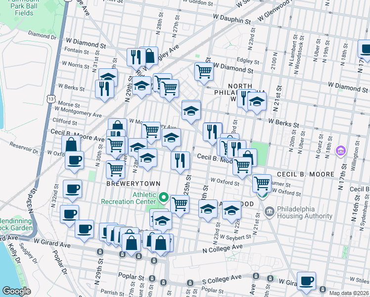 map of restaurants, bars, coffee shops, grocery stores, and more near 2519 Cecil B. Moore Avenue in Philadelphia