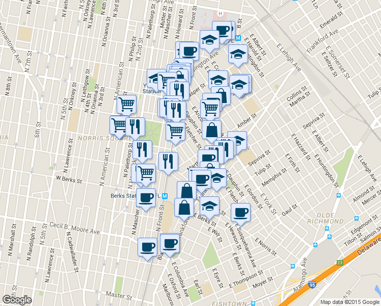 map of restaurants, bars, coffee shops, grocery stores, and more near 2076 East Susquehanna Avenue in Philadelphia