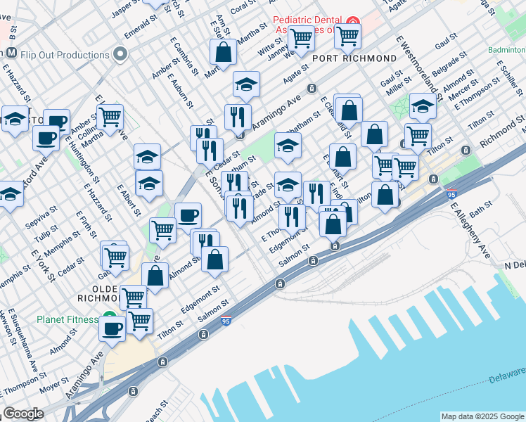 map of restaurants, bars, coffee shops, grocery stores, and more near 2852 Almond Street in Philadelphia