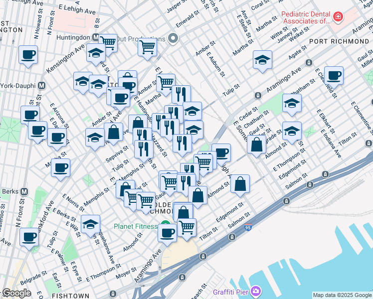 map of restaurants, bars, coffee shops, grocery stores, and more near 2359 East Albert Street in Philadelphia