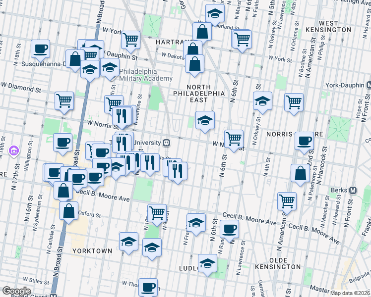 map of restaurants, bars, coffee shops, grocery stores, and more near 1917 North 9th Street in Philadelphia