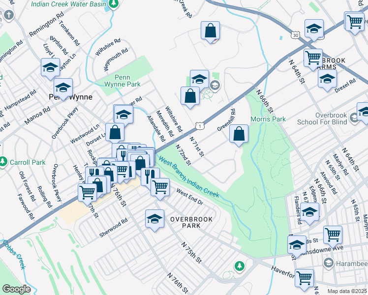map of restaurants, bars, coffee shops, grocery stores, and more near 1835 North 72nd Street in Philadelphia