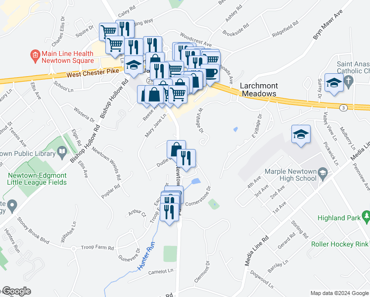 map of restaurants, bars, coffee shops, grocery stores, and more near 131 Cornerstone Drive in Newtown Square